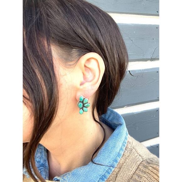 Native American Style Sterling Silver Turquoise Half Cluster Earrings Southwest - Picture 2 of 6